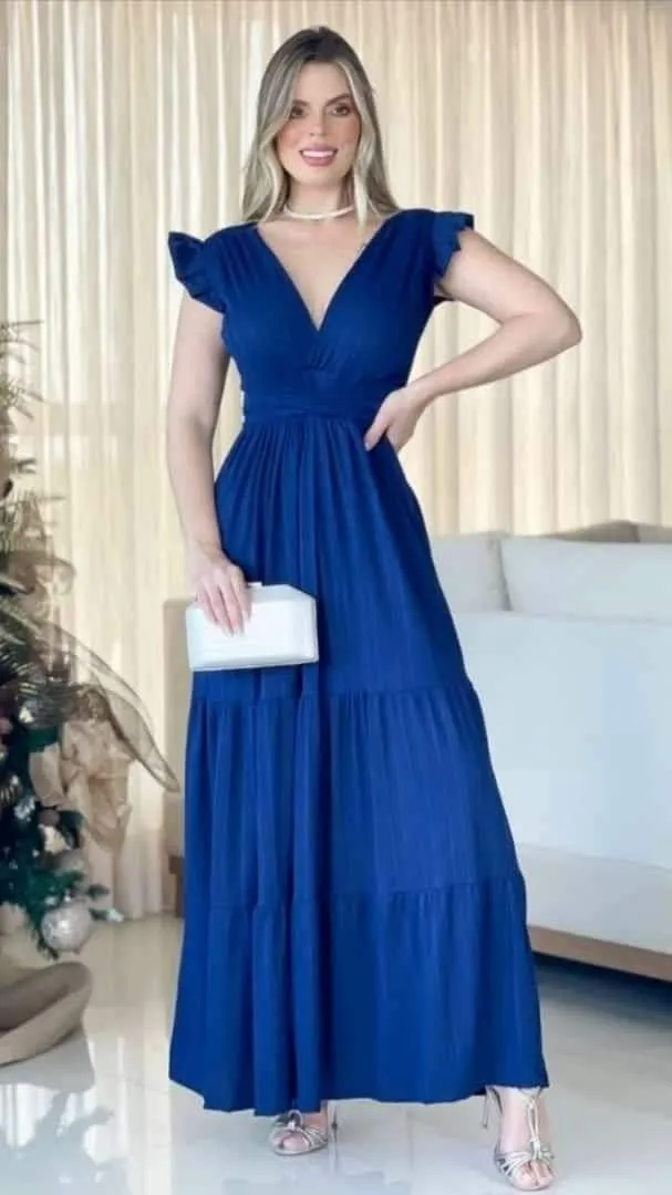 Diynav A-line V Neck Blue Prom Dress Blue Evening Gown HZ1017