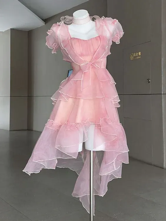 Diynav High Low Pink Chiffon Homecoming Dress Birthday Outfits HZ1017