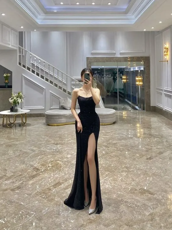 Diynav Black Strapless Prom Dress High Side Slit Sheath/Column Black Evening Dress HZ1017