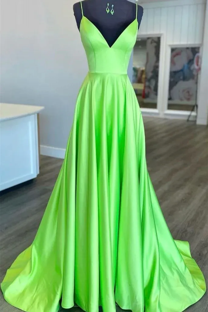 Diynav A Line V Neck Green Satin Long Prom Dress, V Neck Green Formal Graduation Evening Dress HZ1017