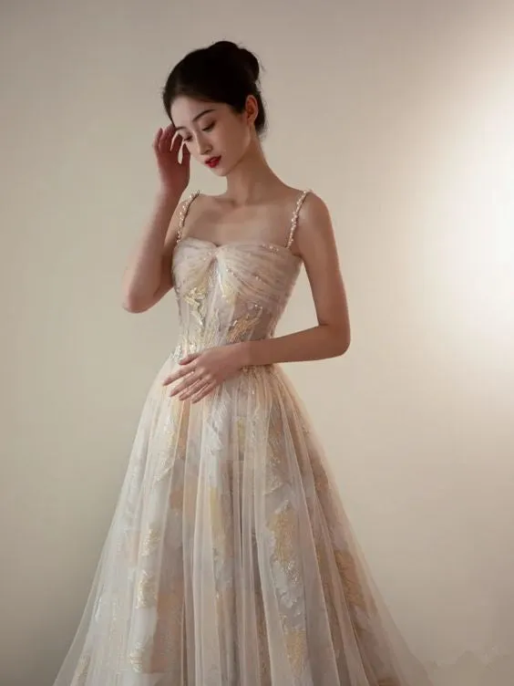 Diynav Embroidered Flowers Tulle Prom Dress Stunning Evening Dress HZ1017