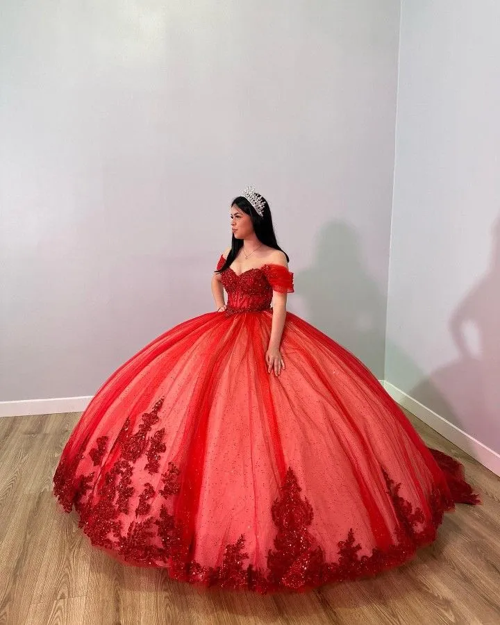 Diynav Red Off The Shoulder Ball Gown,Red Sweet 16 Dress,Princess Dress HZ1017
