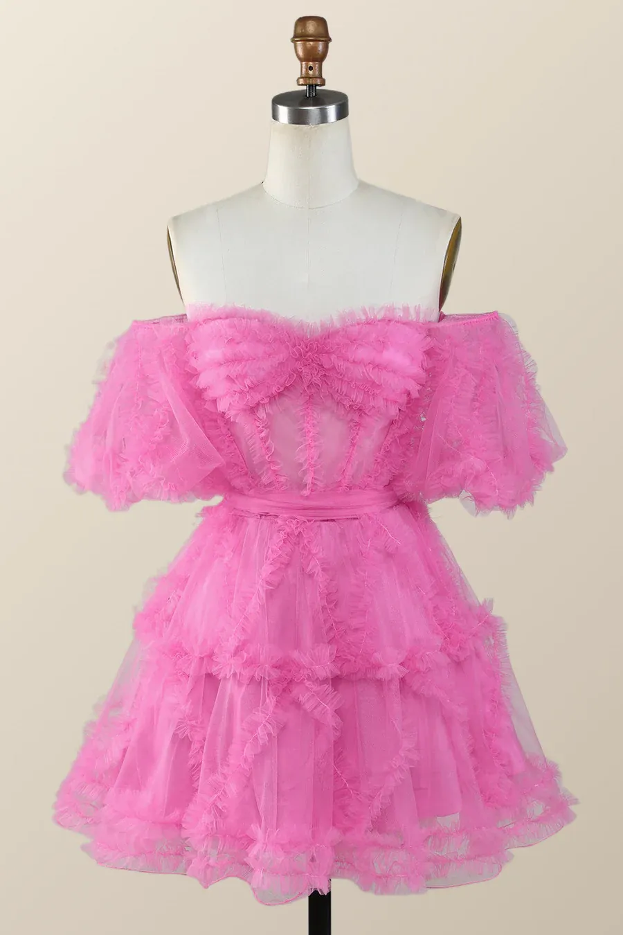 Diynav the Shoulder Hot Pink Ruffles Short A-line Homecoming Dress HZ1017