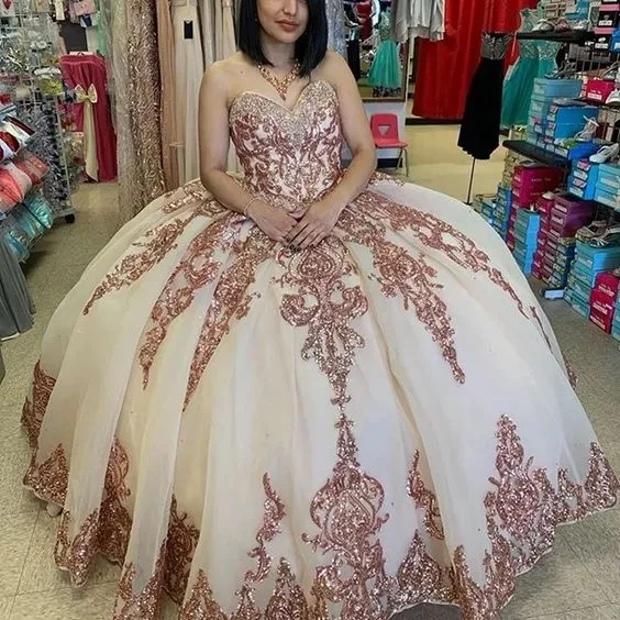 Diynav Princess Rose Gold Quinceanera Dress Vintage Sweetheart Lace Applique Sequins Ball Gown HZ1017