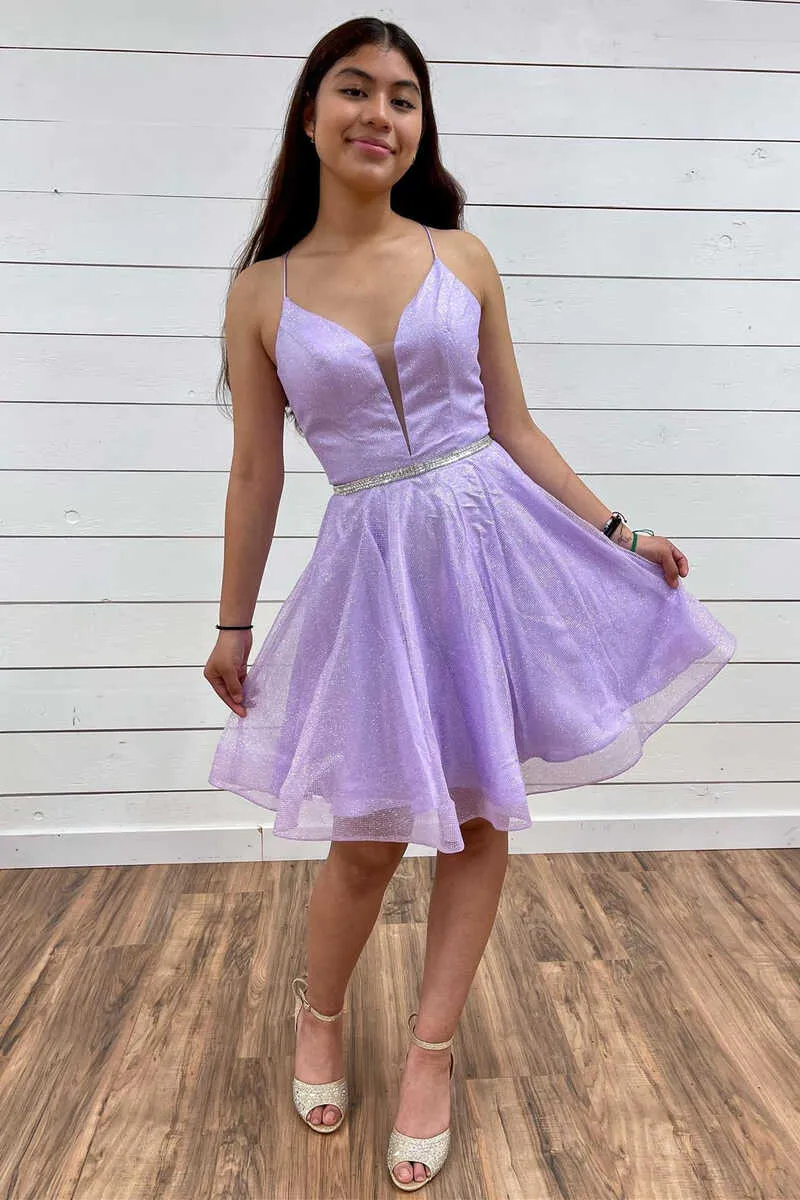 Diynav Lavender Plunge V Short Homecoming Dress HZ1017
