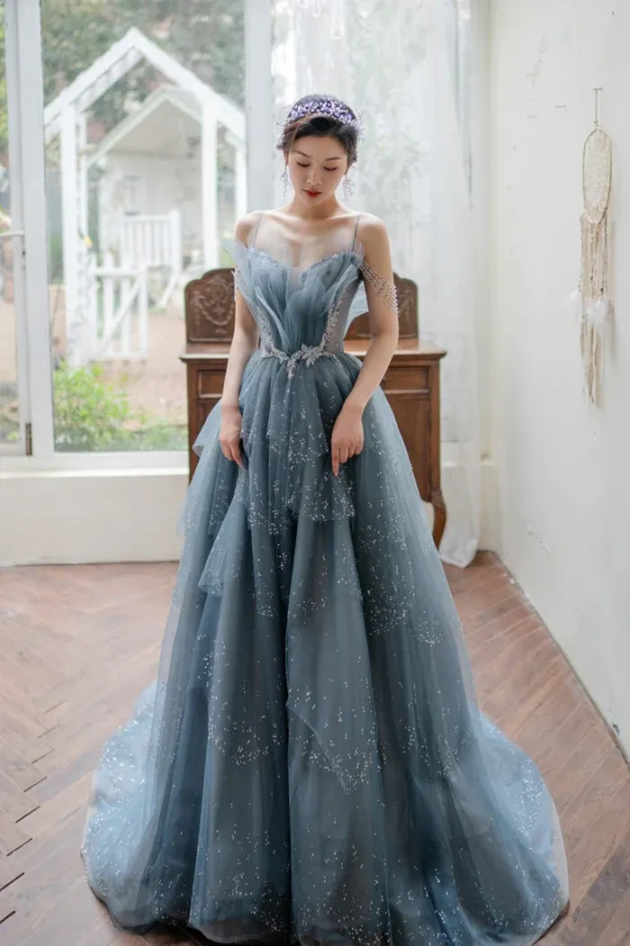 Diynav Tulle Beaded Long A-Line Prom Dress, Blue Formal Evening Gown HZ1017