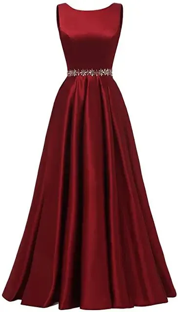 Diynav Women Long Prom Dress Satin A-Line with Beaded Belt Formal Evening Gown HZ1017