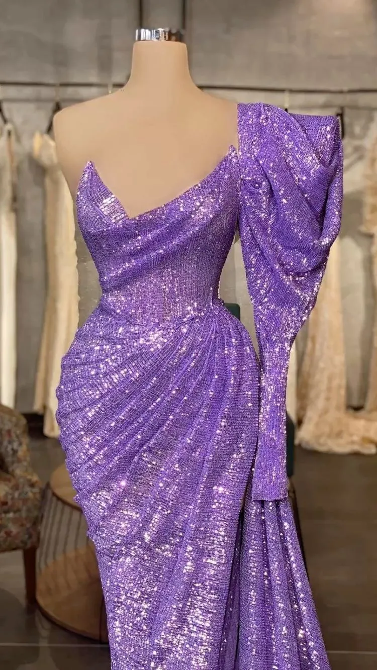 Diynav Purple Sequins Long Prom Dress Removable Sleeve,Charming Evening Dress HZ1017
