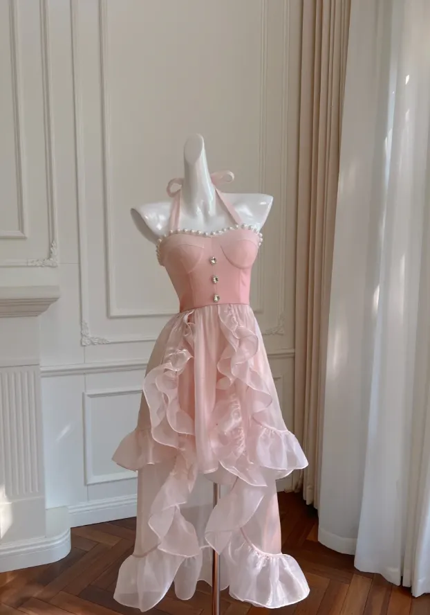 Diynav Halter Pink Tulle Pearls Beaded High-Low Ruffles Homecoming Dress Party Dress HZ1017