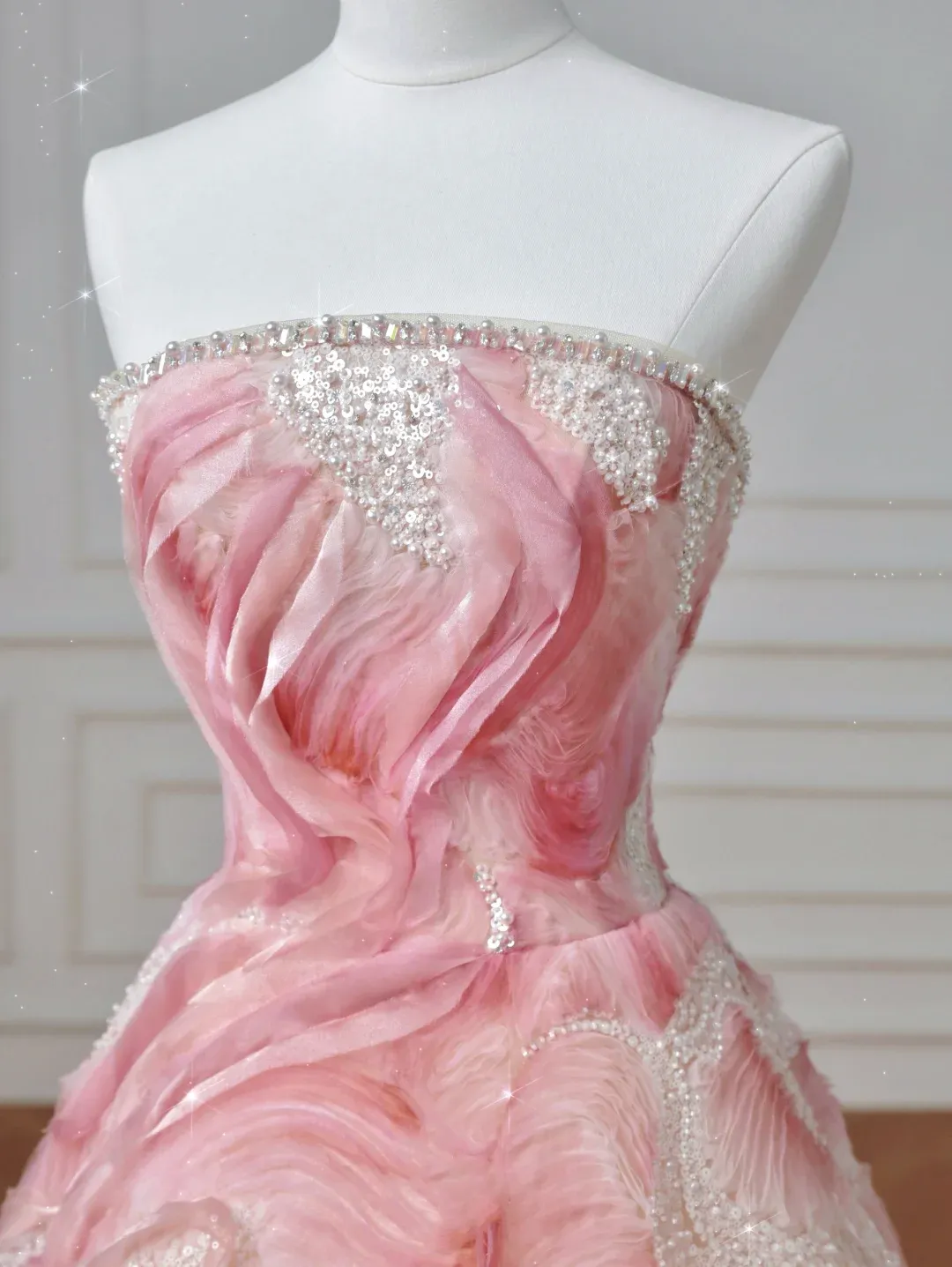 Diynav Pink Strapless Satin Print Sequins Prom Dress Princess Birthday Ball Gown HZ1017 - Image 3