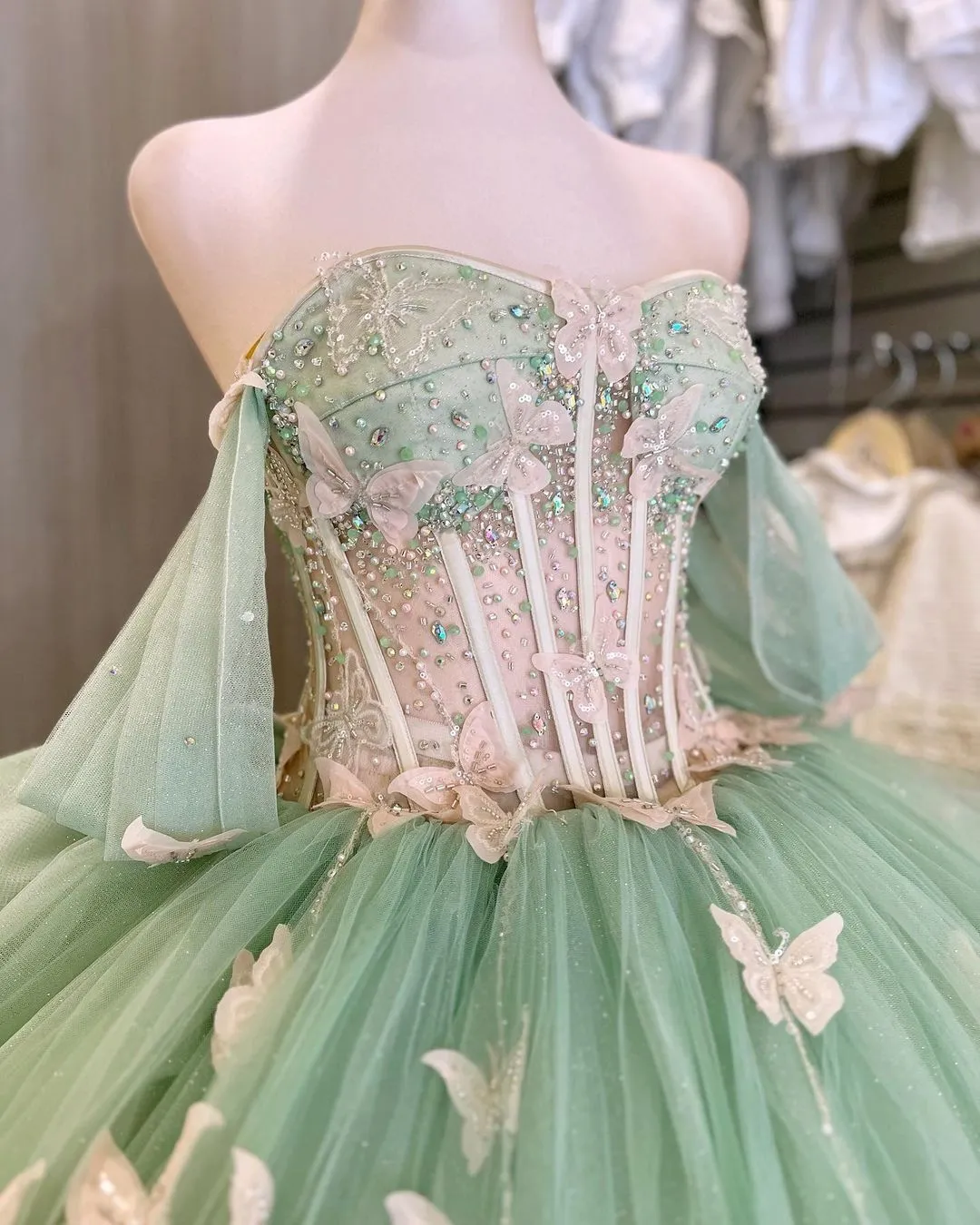 Diynav Green Tulle Princess Dress With Butterflies,Ball Gown,Sweet 15 Dress HZ1017