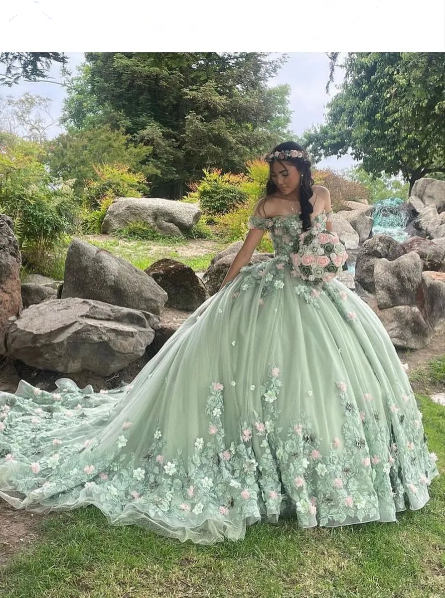 Diynav Green Princess Quinceanera Dresses Off Shoulder 3D Flowers Appliques Ball Gown HZ1017