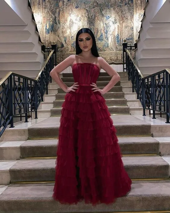 Diynav Strapless A-line Multi-layered Evening Dress Chic Gala Dress HZ1017