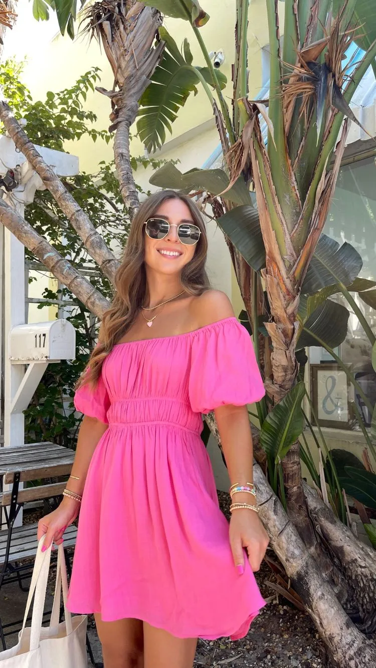 Diynav Pink A-line Homecoming Dress with Puff Sleeves,Summer Dress HZ1017