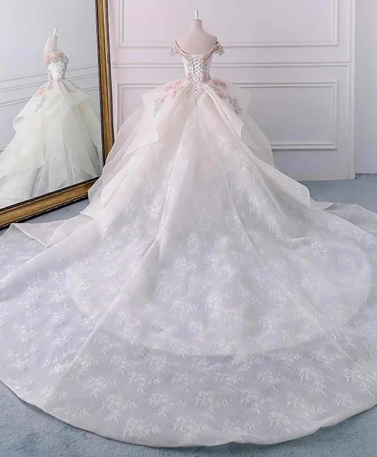 Diynav Off The Shoulder Flower Ball Gown Lace Wedding Dress HZ1017 - Image 3