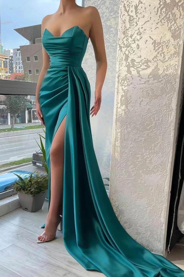 Diynav Side Slit Strapless Evening Dresses Latest Long Prom Dresses Sexy Party Dresses with Streamer HZ1017