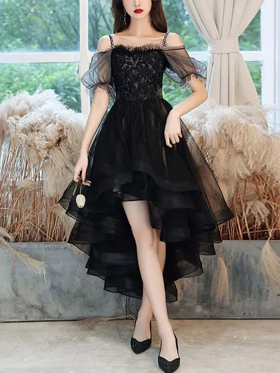 Diynav Sweetheart Tulle Lace High Low Prom Dress, Black Homecoming Dress HZ1017