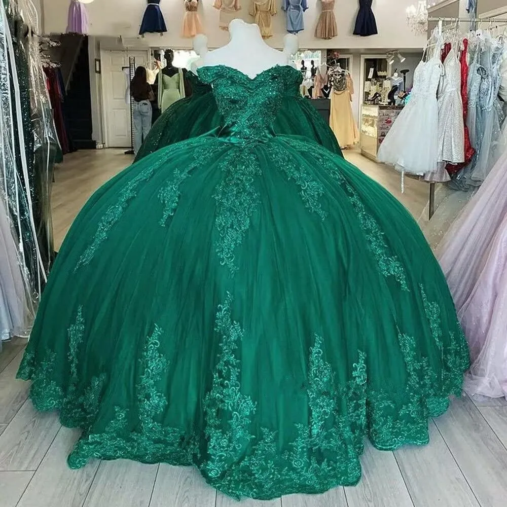 Diynav Shoulder Lace Tulle Quinceanera Dresses Dark Green Applique Ball Gown HZ1017
