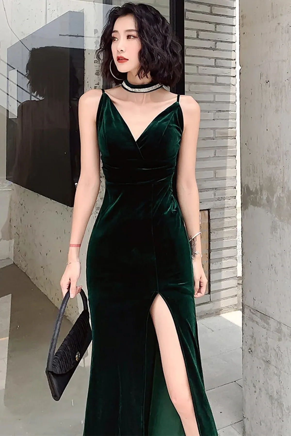 Diynav V Neck Dark Green Velvet Long Prom Dresses, Dark Green Velvet Formal Graduation Evening Dresses HZ1017 - Image 3