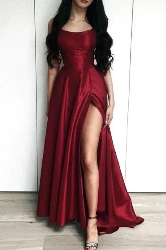 Diynav Burgundy Side Slit Long Evening Dress, Sexy Prom Dresses HZ1017