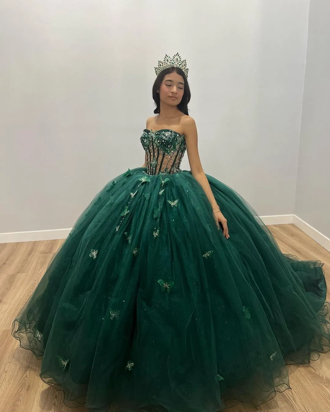 Diynav Tulle Ball Gown With Butterflies,Sweet 16 Dress, Green Quinceanera Dress HZ1017