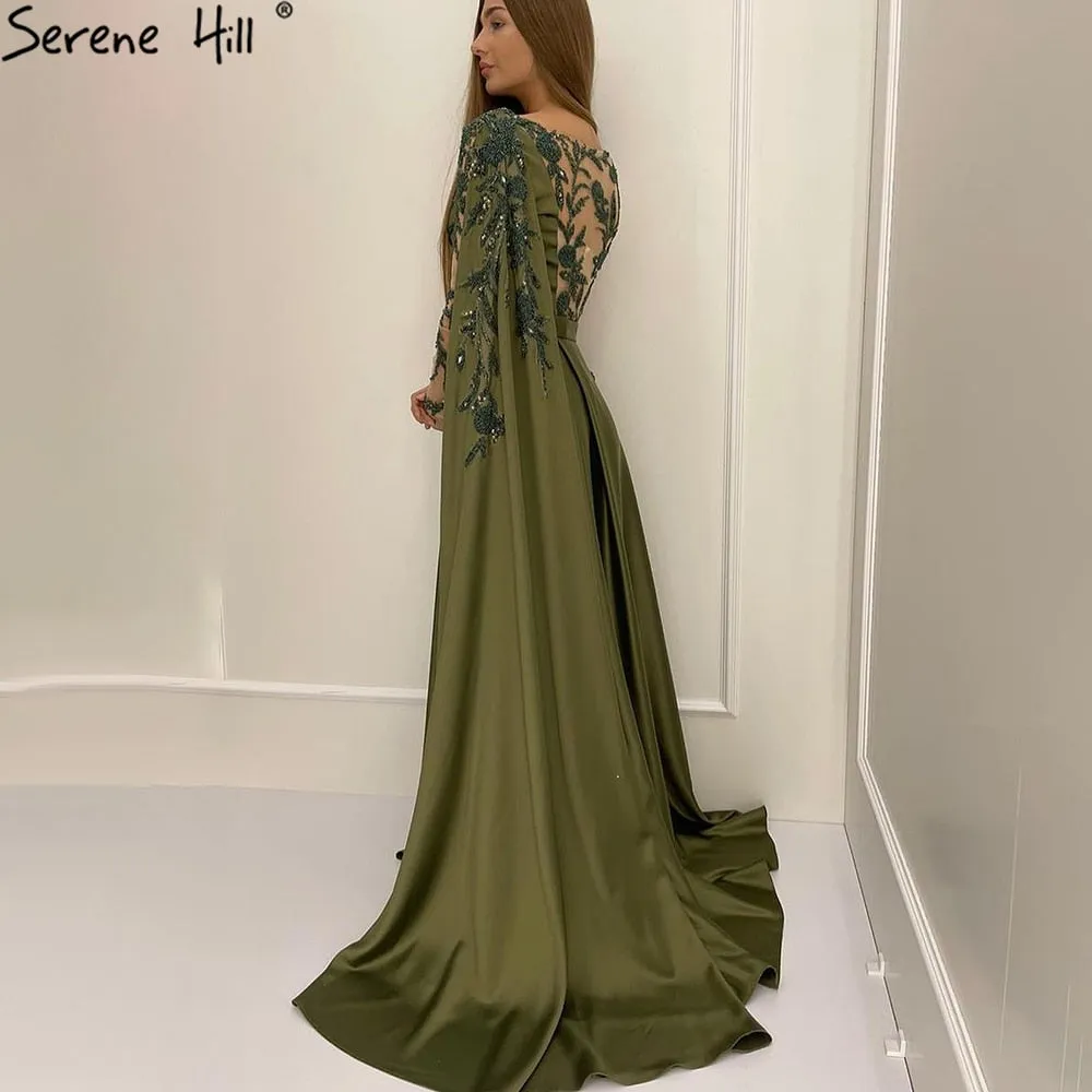 Diynav Sale no return no refund Sale Arabic One Shoulder Olive Green Muslim Evening Dress with Cape Long Sleeves Women Wedding Party Gowns Elegant Plus Size HZ1017