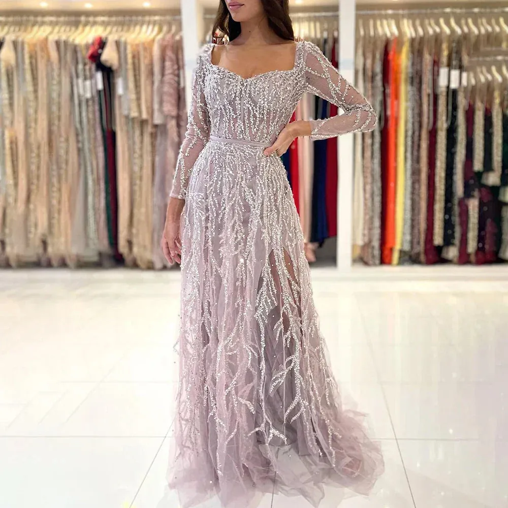 Diynav Pink High Split Beaded Luxury Dubai Long Evening Dresses Gowns For Women Wedding Party 2025 HZ1017