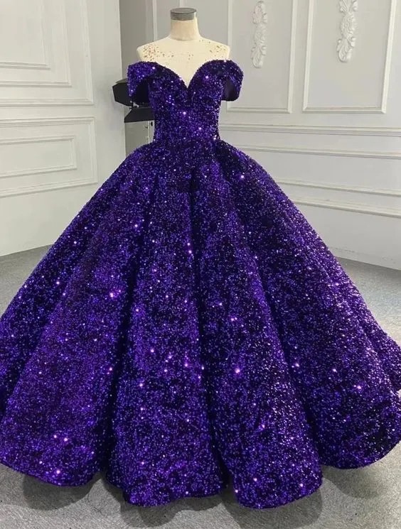 Diynav Purple Off The Shoulder Sequins Ball Gown,Purple Sweet 16 Dress HZ1017