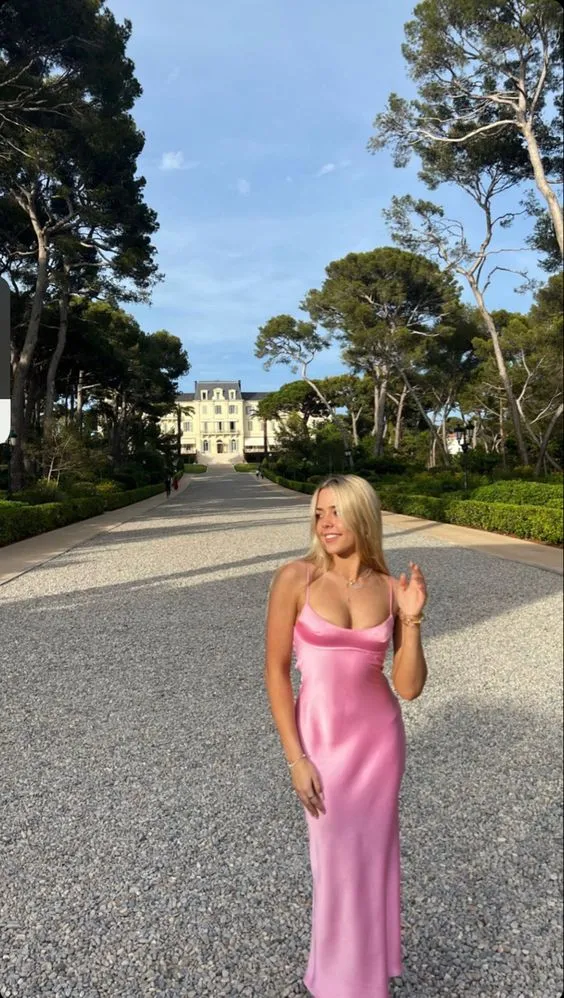 Diynav Mermaid Long Prom Dress,Pink Spaghetti Straps Long Evening Dress HZ1017