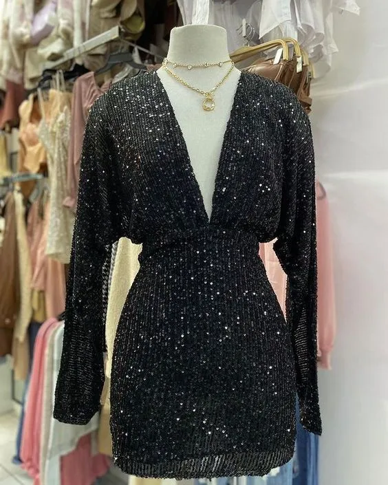 Diynav Sequins Deep V Neck Homecoming Dress HZ1017