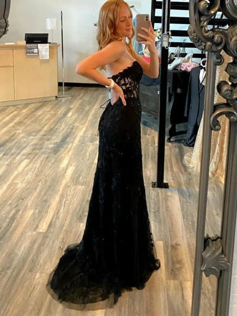 Diynav Open Back Black Lace Long Prom Dresses, Strapless Black Formal Dresses, Black Lace Evening Dresses HZ1017 - Image 3