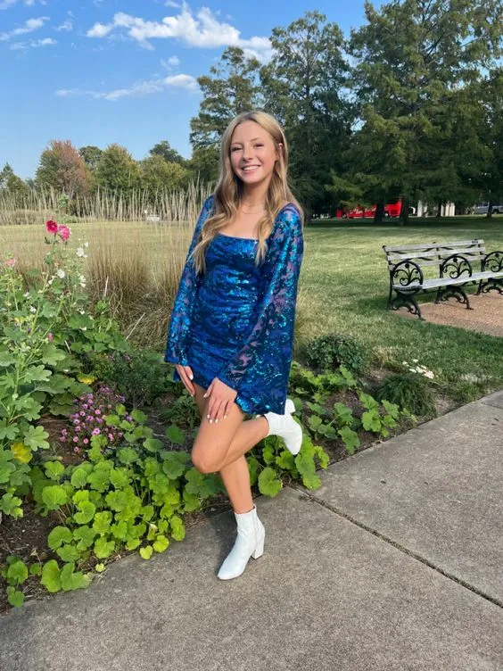 Diynav Sleeve Blue Sequin Tight Dress Blue Homecoming Dress HZ1017