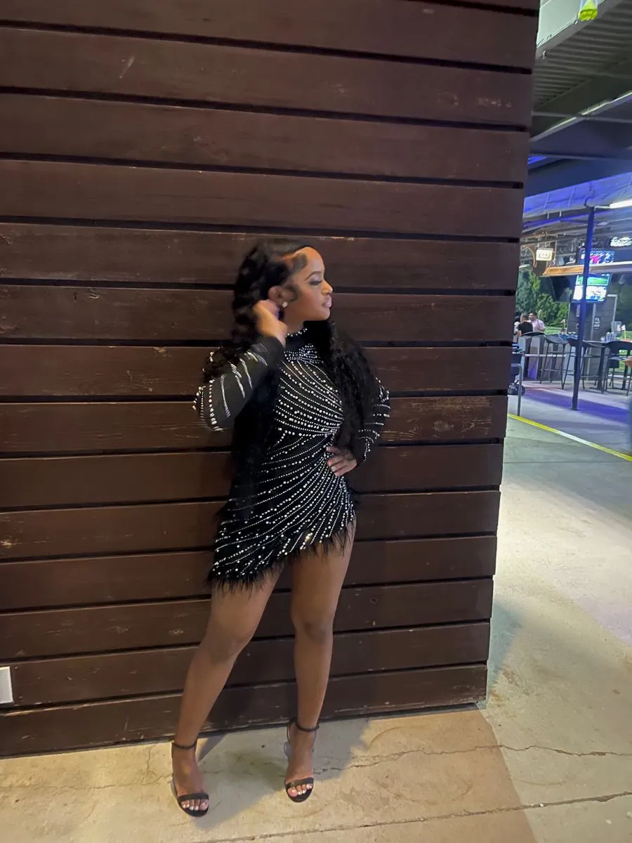 Diynav Rhinestone Long Sleeves Homecoming Dress Black Birthday Outfit Dress HZ1017