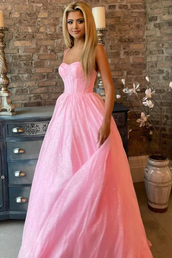 Diynav Pink Tulle Long Prom Dress, Spaghetti Straps Pink Formal Dress, Sparkly Pink Evening Dress HZ1017