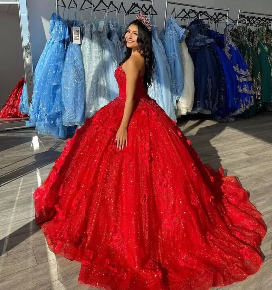 Diynav Red Sequins Appliques Ball Gown .Strapless A Line Prom Dress HZ1017 - Image 3