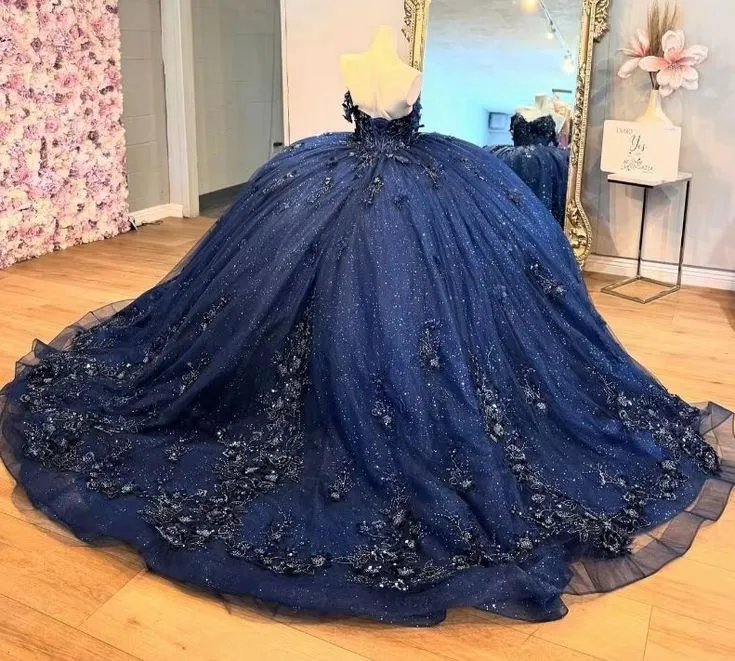Diynav Navy Blue Tulle Appliques Prom Dress Shiny Birthday Ball Gown HZ1017 - Image 2