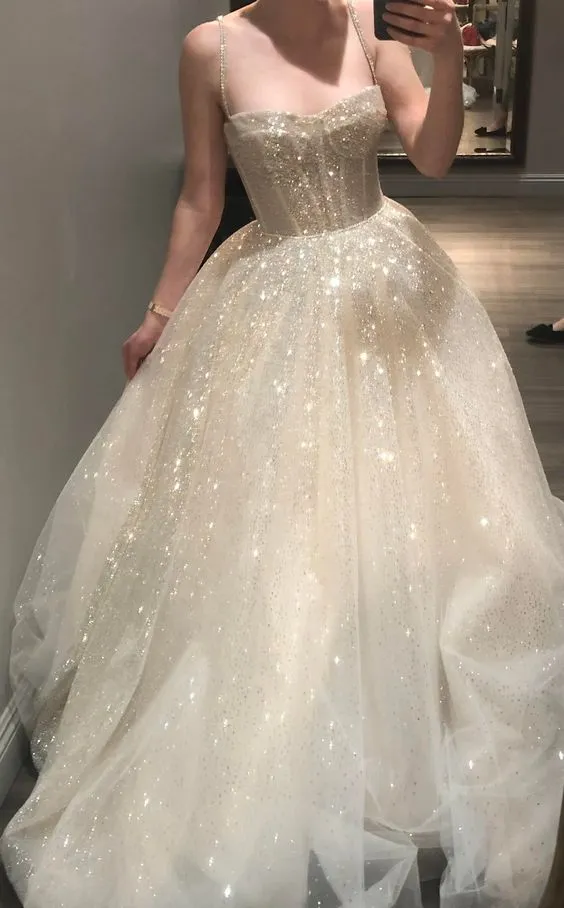 Diynav Women's Spaghetti Straps Sparkly Bohemian Wedding Dress HZ1017