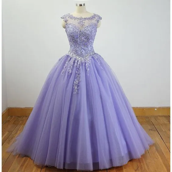 Diynav Cap Sleeves Lavender Ball Gown Quinceanera Dresses Lace Appliqued Sweet 16 Dress HZ1017