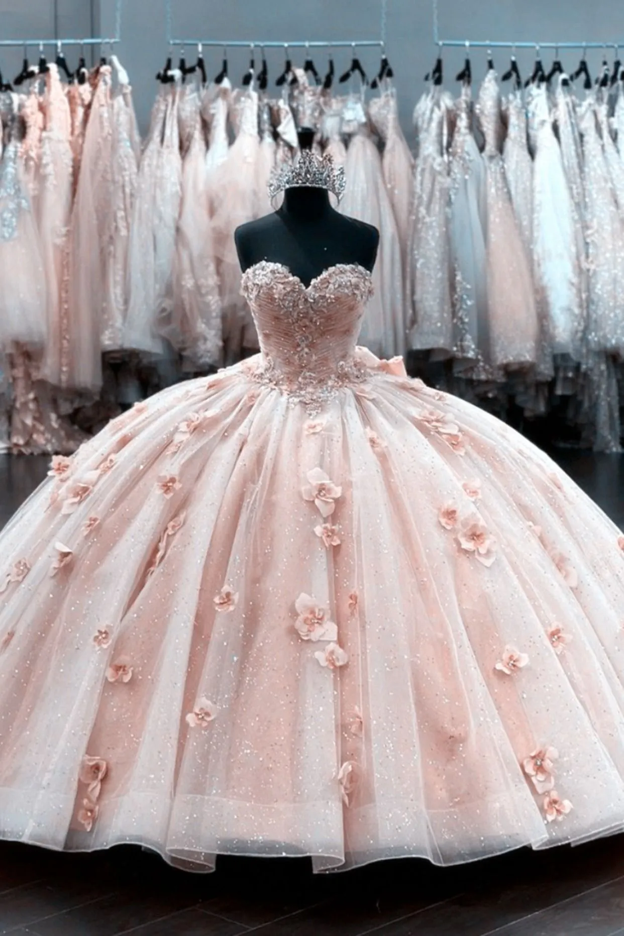 Diynav Blush Pink Tulle Ball Gown 15 Dress with 3D Flowers HZ1017