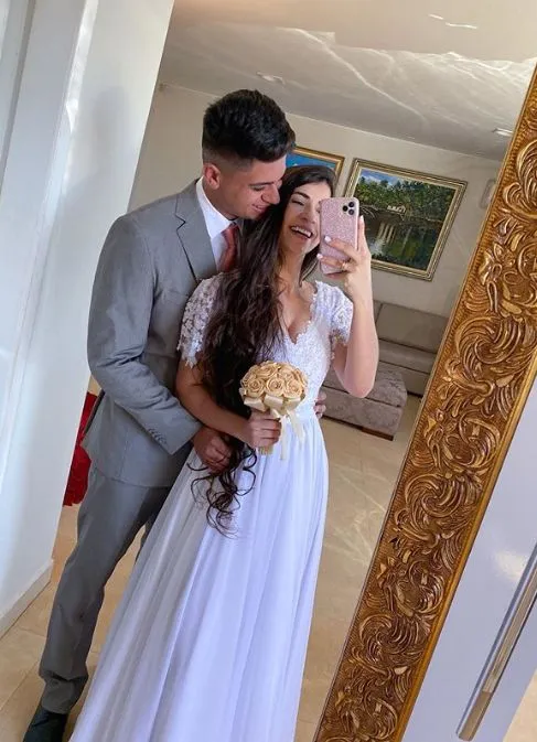 Diynav White Short Sleeves Long Wedding Dress,White Bridal Gown HZ1017