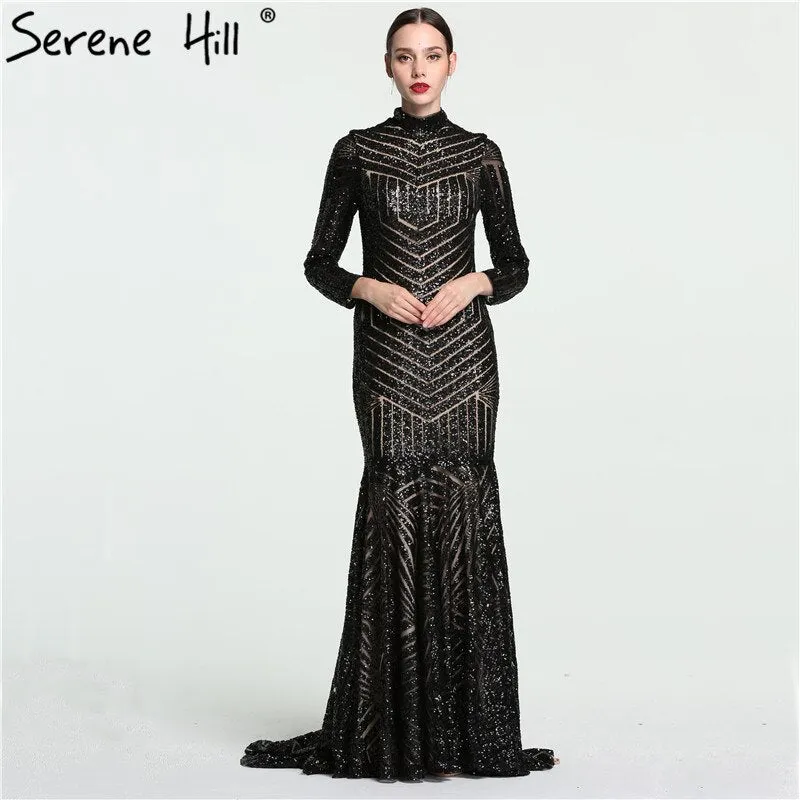 Diynav Black Mermaid High Neck Luxury Evening Dresses Sequined Long Sleeves Formal Evening Gowns 2025 HZ1017