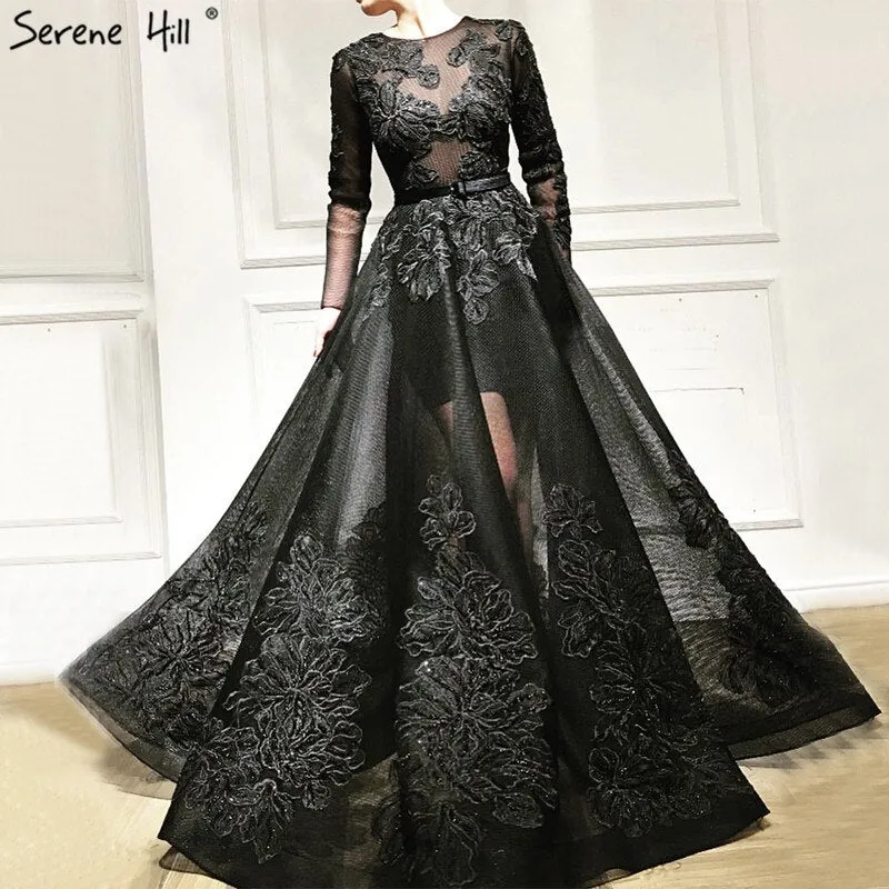 Diynav O-Neck Handmade Flowers Evening Dresses 2025 Long Sleeves Perspective Sexy Evening Gowns HZ1017