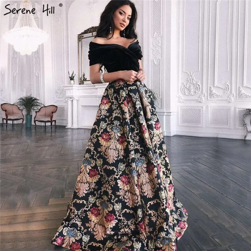 Diynav Black Off Shoulder 3D Flowers Evening Dresses 2025 Short Sleeve A-Line Sexy Formal Dress HZ1017