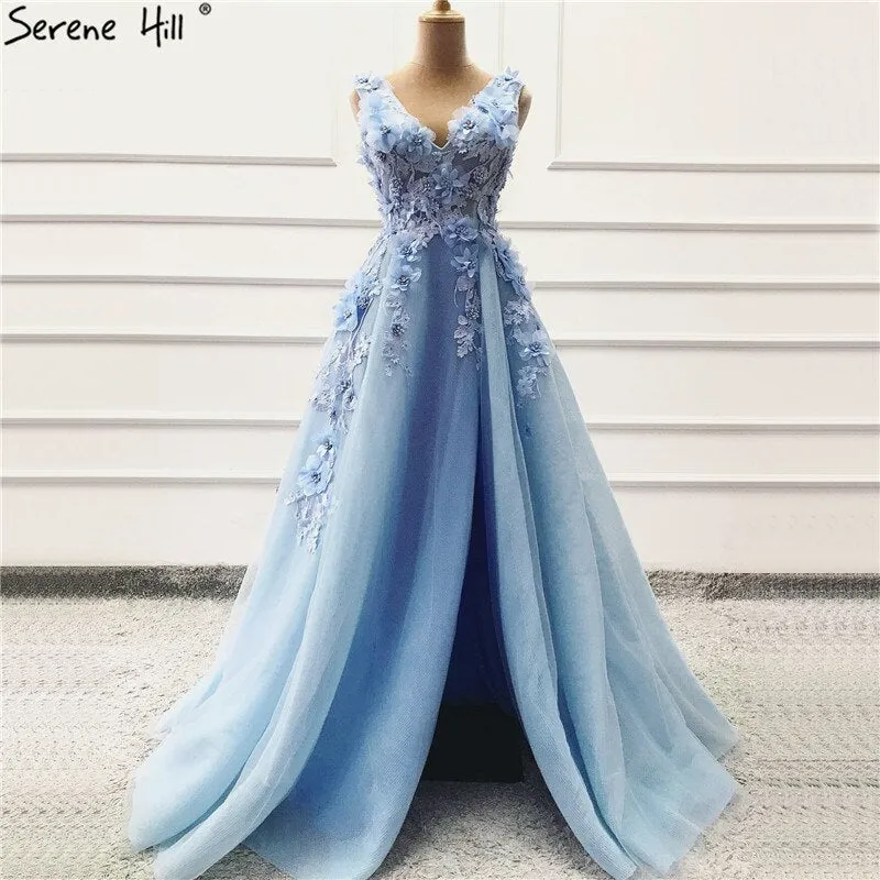Diynav Sale no return no refund Sale Blue Handmade Flowers Diamonds V-Neck Evening Dresses Sleeveless Sexy A-Line Formal Dress 2025 HZ1017