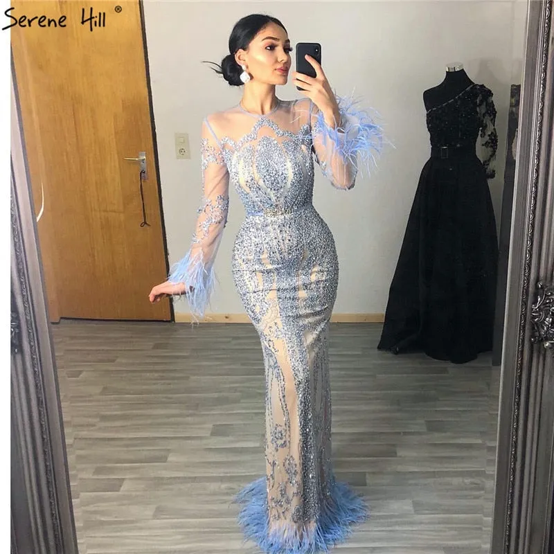 Diynav Long Sleeve Feathers beaded Evening Dresses Dubai Mermaid Luxury Evening Gowns 2025 HZ1017