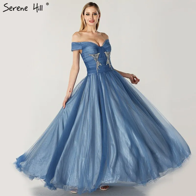 Diynav Sale no return no refund Sale Blue Off Shoulder Sexy Ball Gowns Evening Dresses 2025 Tulle Beading Crystal Sleeveless Evening Gowns HZ1017