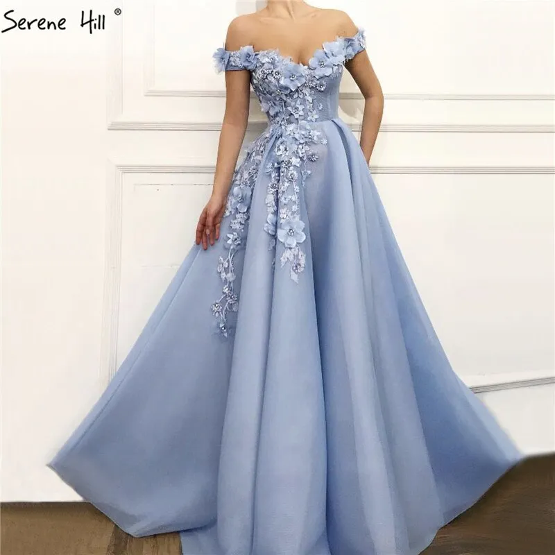 Diynav Blue Off Shoulder Sexy Beach Evening Dresses Handmade Flowers Pearls Sleeveless Evening Gowns 2025 HZ1017