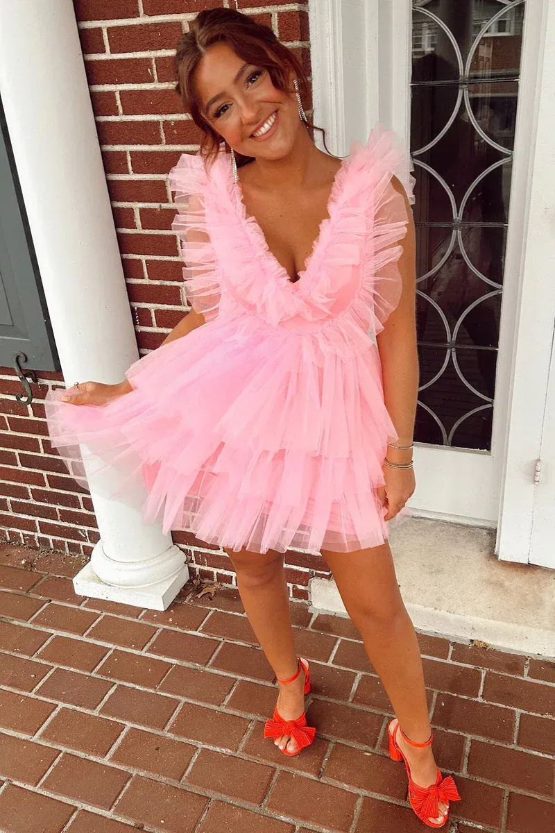 Diynav Pink Ruffled Tiered Tulle Short Homecoming Dress HZ1017