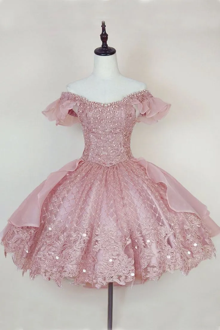 Diynav Pink Lace Applique Short Homecoming Dress HZ1017