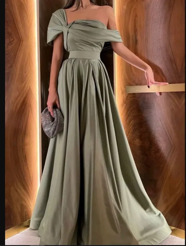 Diynav Sage Satin Asymmetrical Neckline Evening Dress HZ1017